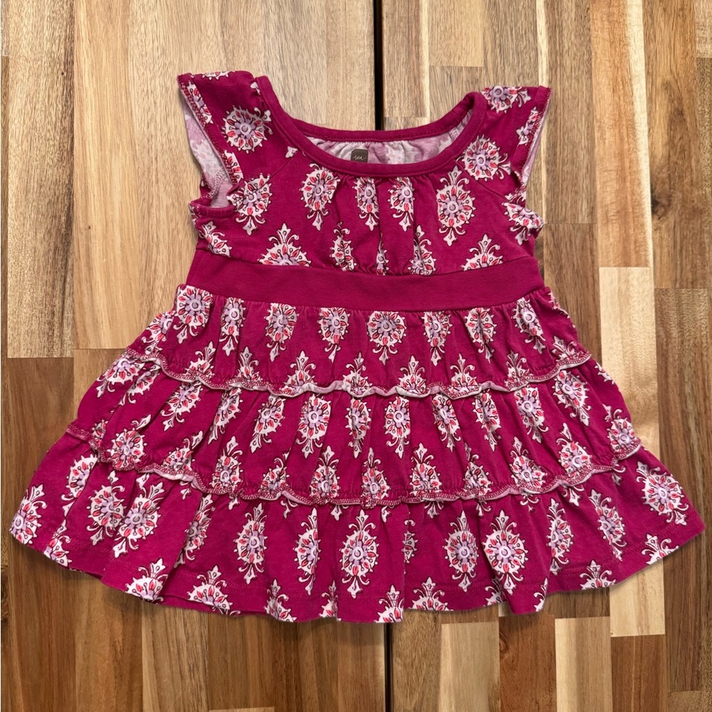 Tea Collection‎ Baby Girl Magenta Damask Tiered Ruffle Cotton Dress 3-6 Months